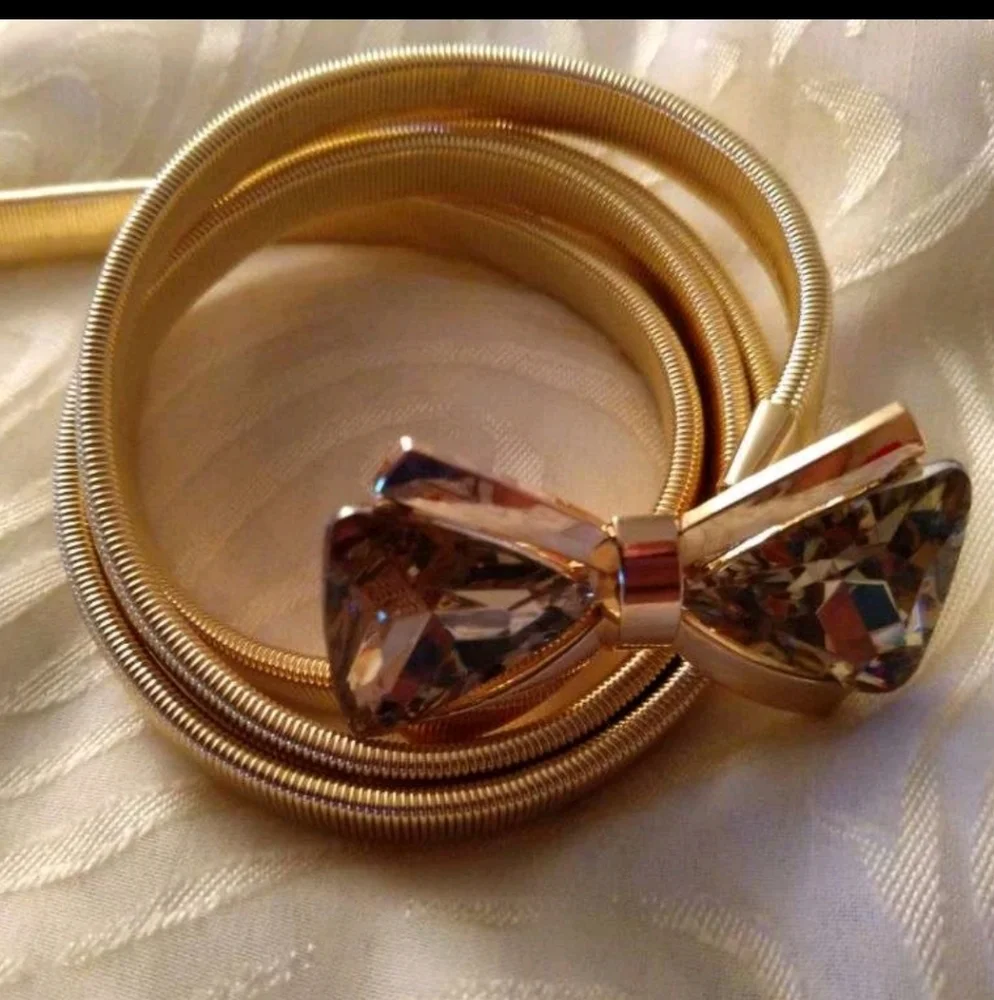 Metallic stretch Gold belt bow buckle waist cinch elegant evening dress - Picture 7 of 10